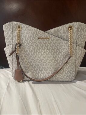 Michael Kors Cream Logo Tote with Gold Chain Accents